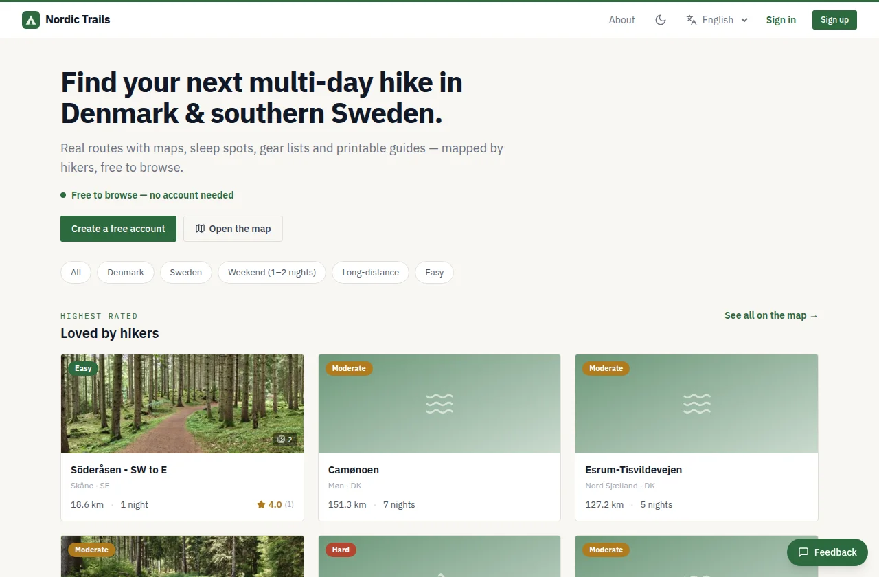 Nordic Trails homepage with route discovery and trip planning